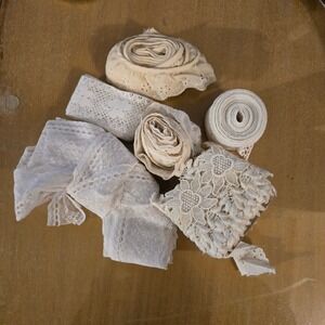 Vintage Lace Eyelet Trim Lot White Cream Ruffled Floral Sewing Craft Remnants